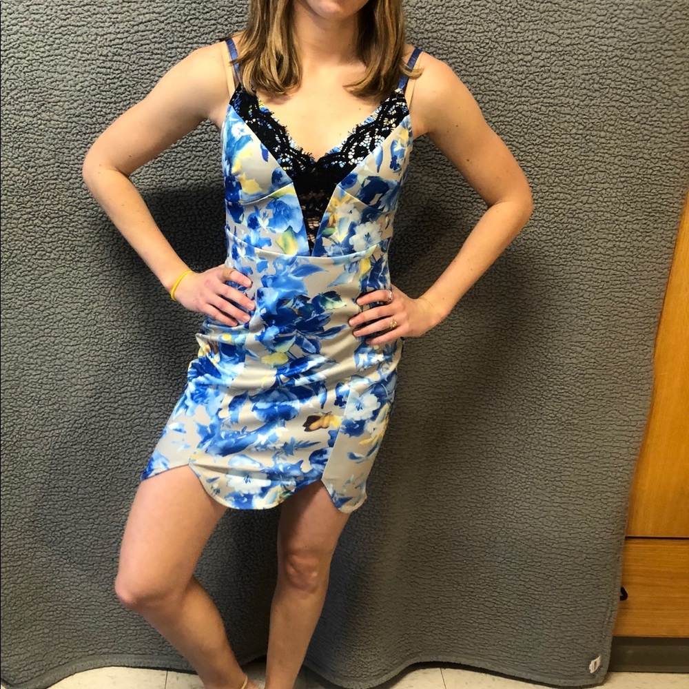 Floral dress with black lace accents